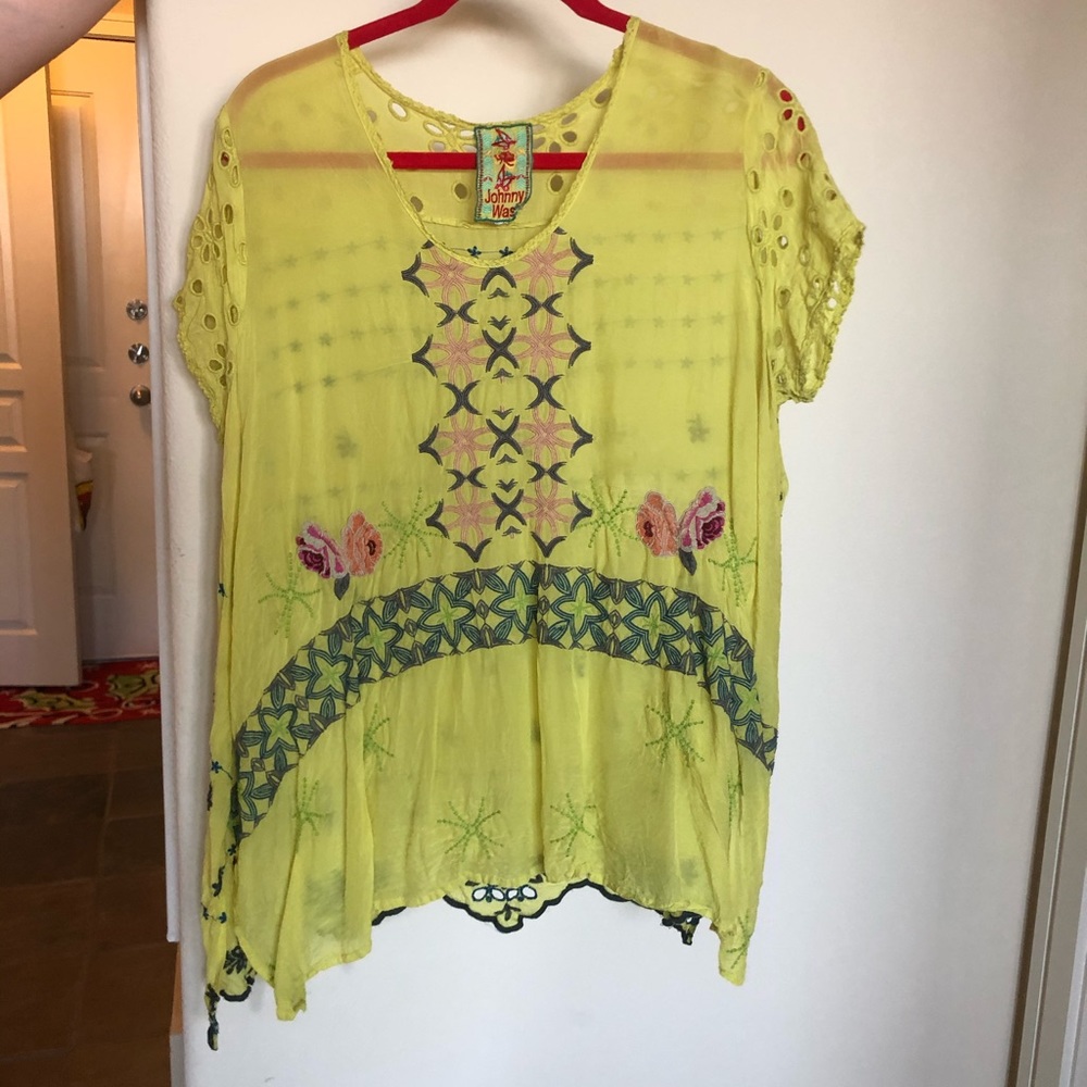 Johnny Was Yellow Embroidered Boho Blouse